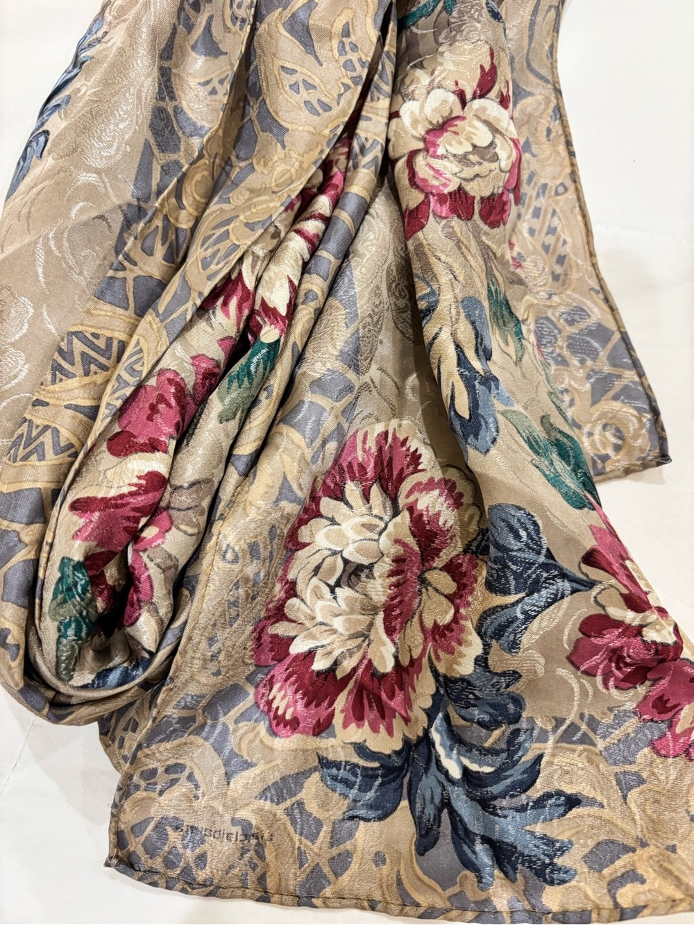 Vintage 1980’s 100% Silk Long Scarf Tapestry Print Liz Claiborne 80’s Japan